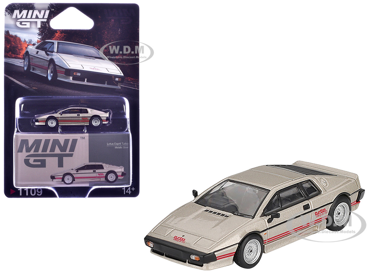 Lotus Esprit Turbo Silver Metallic with Red Stripes Limited Edition 1/64 Diecast Model Car by Mini GT diecast model