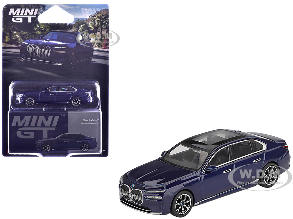 BMW i7 xDrive60 Tanzanite Blue Metallic with Sun Roof Limited Edition 1/64 Diecast Model Car by Mini GT diecast model
