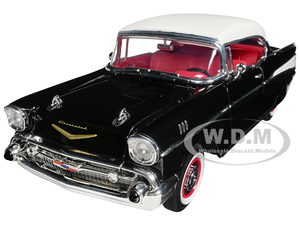 1957 Chevrolet Bel Air Hardtop Black with White Top and Red Interior 1/18 Diecast Model Car by Road Signature diecast model