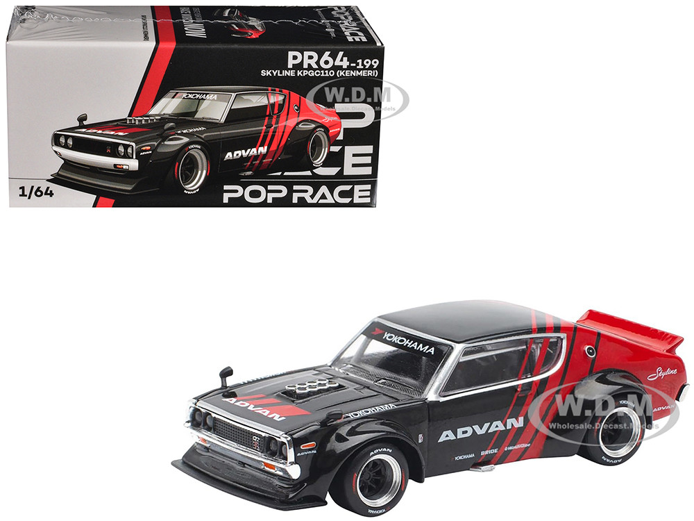 Skyline KPGC110 "Kenmeri" RHD (Right Hand Drive) "ADVAN" Black and Red 1/64 Diecast Model Car by Pop Race diecast model