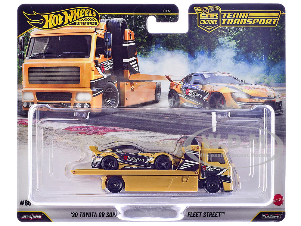 Fleet Street Flatbed Truck Yellow with Graphics and 2020 Toyota GR Supra #15 Yellow with Black Graphics "Papadakis Racing" "Team Transport - Car Culture" Series Diecast Model Cars by Hot Wheels diecast model
