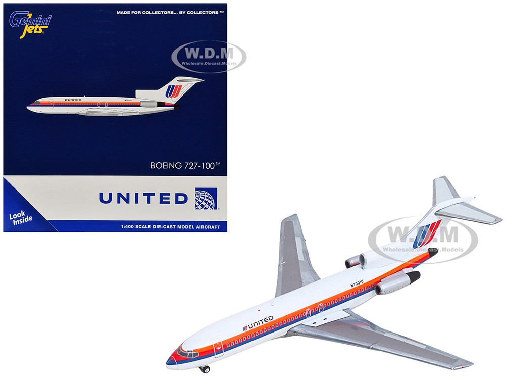 Boeing 727-100 Commercial Aircraft "United Airlines - Saul Bass Livery" (N7001U) White with Stripes 1/400 Diecast Model Airplane by GeminiJets diecast model