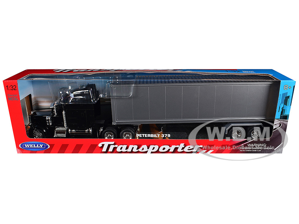 Peterbilt 379 Truck Black with Silver Container "Transporter" Series 1/32 Diecast Model by Welly diecast model