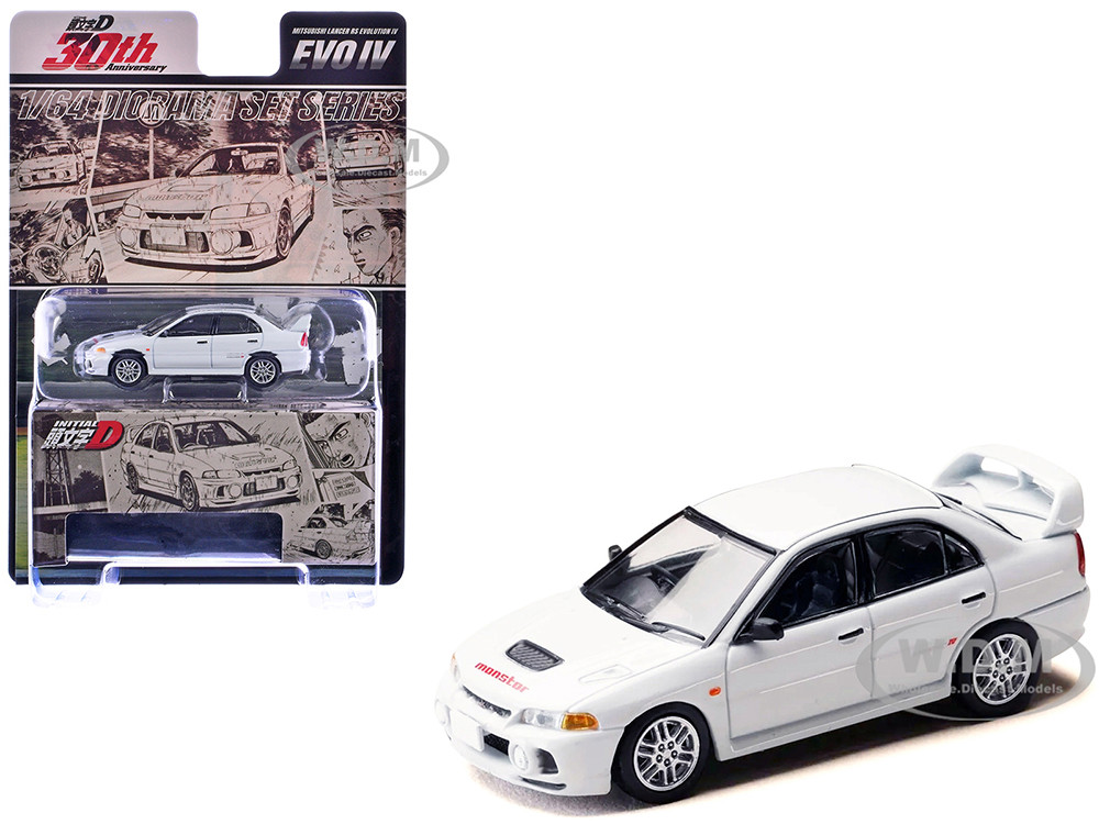 Mitsubishi Lancer RS Evolution IV RHD (Right Hand Drive) "MonStar" White "Initial D" (1995-2013) Manga "Diorama Set Series" 1/64 Diecast Model Car by Hobby Japan diecast model