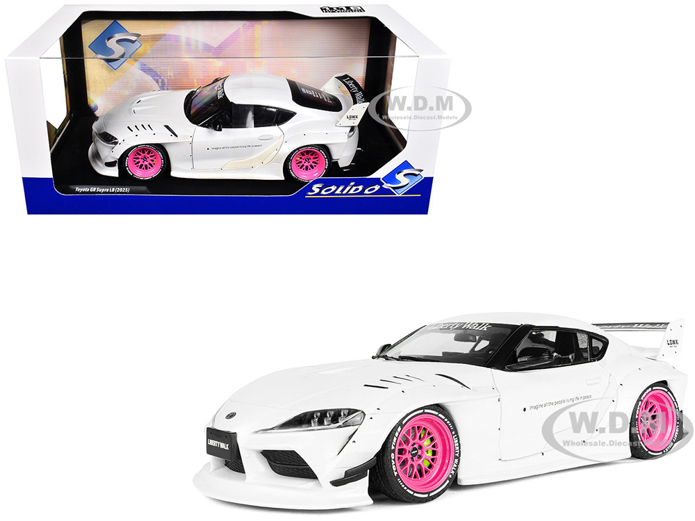 2025 Toyota GR Supra "Liberty Walk" Body Kit White Metallic with Pink Wheels 1/18 Diecast Model Car by Solido diecast model