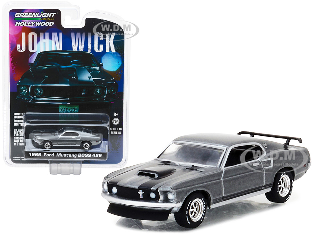1969 Ford Mustang Boss 429 Gray Metallic with Black Stripes "John Wick" (2014) Movie "Hollywood Series" Release 18 1/64 Diecast Model Car by Greenlight diecast model