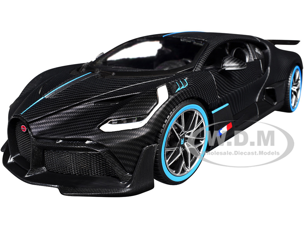 Bugatti Divo Carbon Fiber with Blue Accents "Carbon Series - Bburago 50th Anniversary" 1/18 Diecast Model Car by Bburago diecast model