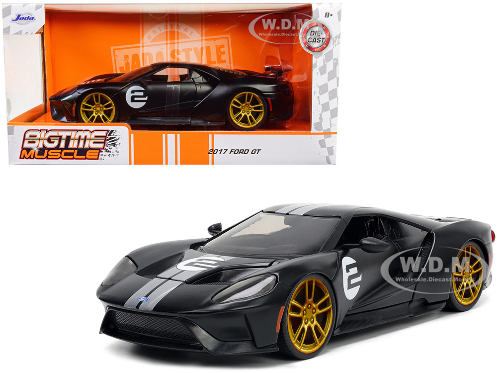 2017 Ford GT #2 Matt Black with Silver Stripes and Gold Wheels "Bigtime Muscle" Series 1/24 Diecast Model Car by Jada diecast model