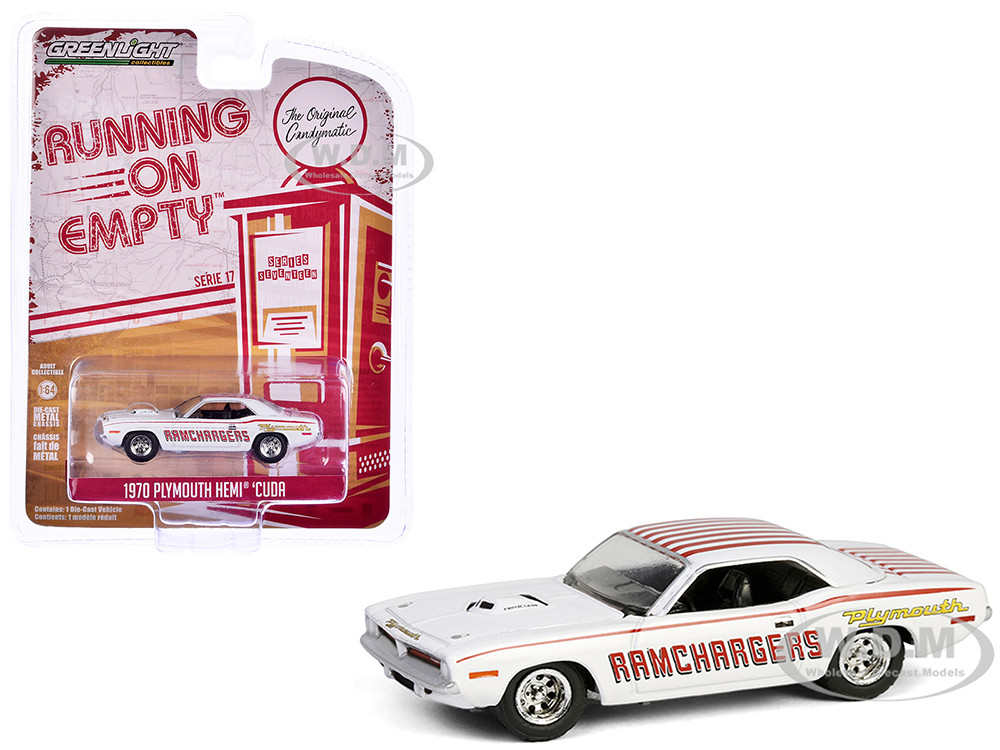 1970 Plymouth Hemi Barracuda "Ramchargers" White with Red Stripes "Running on Empty" Series 17 1/64 Diecast Model Car by Greenlight diecast model