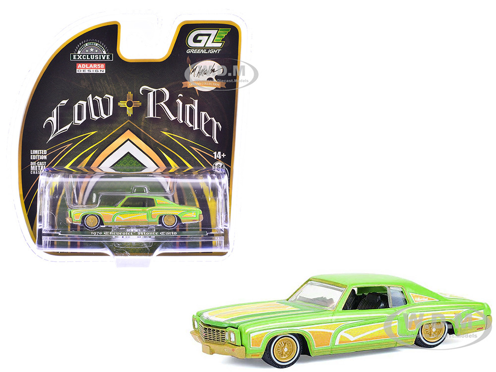 1970 Chevrolet Monte Carlo Lowrider "Michael Heralda Special Edition" Lime Green with Graphics "Hobby Exclusive" Series 1/64 Diecast Model Car by Greenlight diecast model