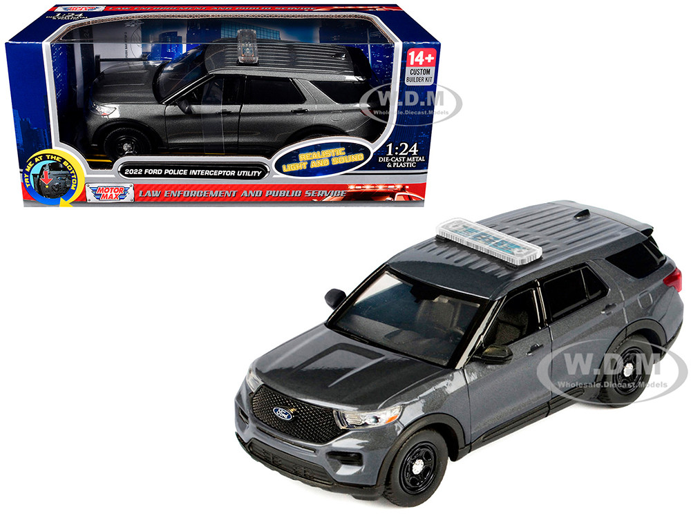 2022 Ford Police Interceptor Utility Dark Gray Metallic "Builder's Kit" with Flashing Light Bar and Front and Rear Lights and Sounds 1/24 Diecast Model Car by Motormax diecast model