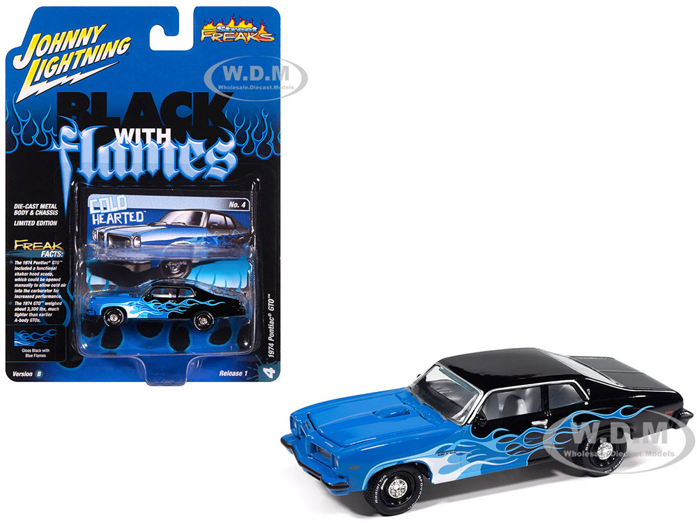 1974 Pontiac GTO Black and Blue with Blue Flame Graphics with White Interior "Black with Flames" Series 1/64 Diecast Model Car by Johnny Lightning diecast model