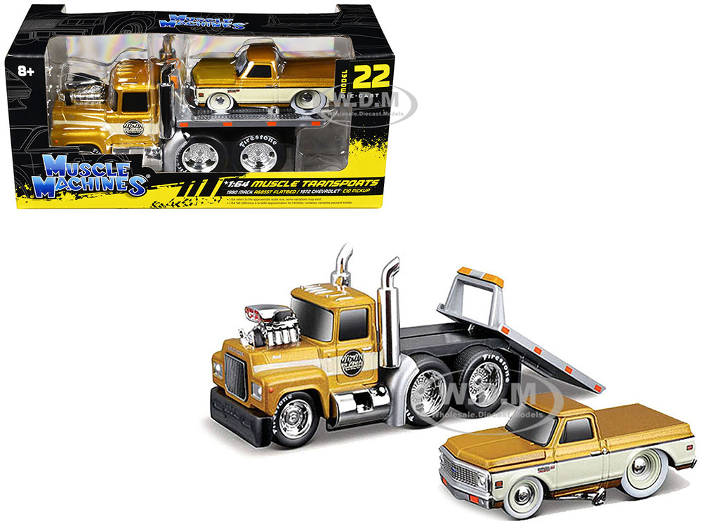 1980 Mack A685ST Flatbed Truck Gold Metallic with Beige Stripes "Madman Garage" and 1972 Chevrolet C10 Pickup Truck Gold Metallic and Beige "Muscle Transports" Series 1/64 Diecast Models by Muscle Machines diecast model