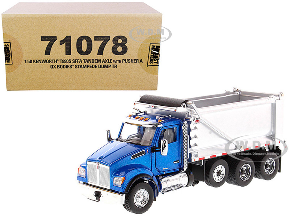 Kenworth T880S SFFA Tandem Axle with Pusher Axle OX Stampede Dump Truck Blue and Chrome "Transport Series" 1/50 Diecast Model by Diecast Masters diecast model