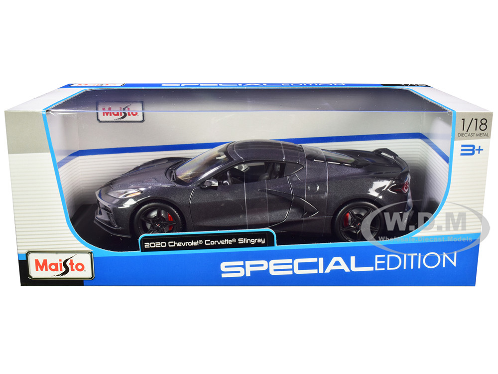 2020 Chevrolet Corvette Stingray C8 Dark Gray Metallic with Racing Stripes 1/18 Diecast Model Car by Maisto diecast model