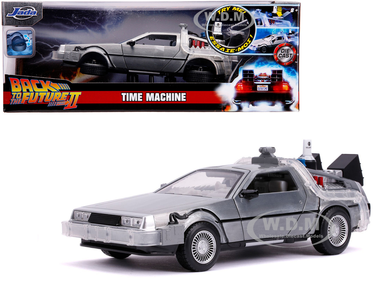 DeLorean Brushed Metal Time Machine with Lights (Flying Version) "Back to the Future Part II" (1989) Movie "Hollywood Rides" Series 1/24 Diecast Model Car by Jada diecast model