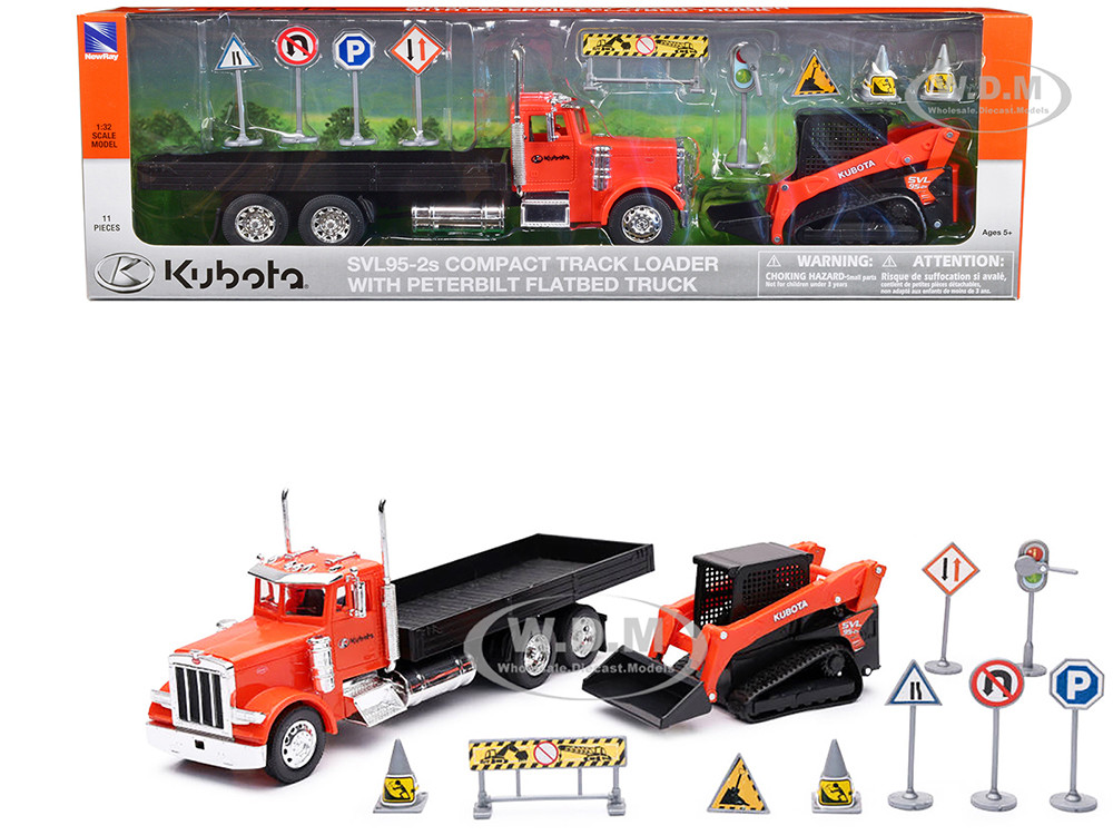 Peterbilt 379 Flatbed Truck Orange and Kubota SVL 95-2S Track Loader with Street Signs 1/32 Diecast Models by New Ray diecast model