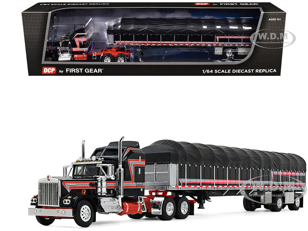Kenworth W900A with 60" Aerodyne Sleeper and 53 Wilson Roadbrute Flatbed Trailer with Covered Wagon Black with Red Stripes 1/64 Diecast Model by DCP/First Gear diecast model