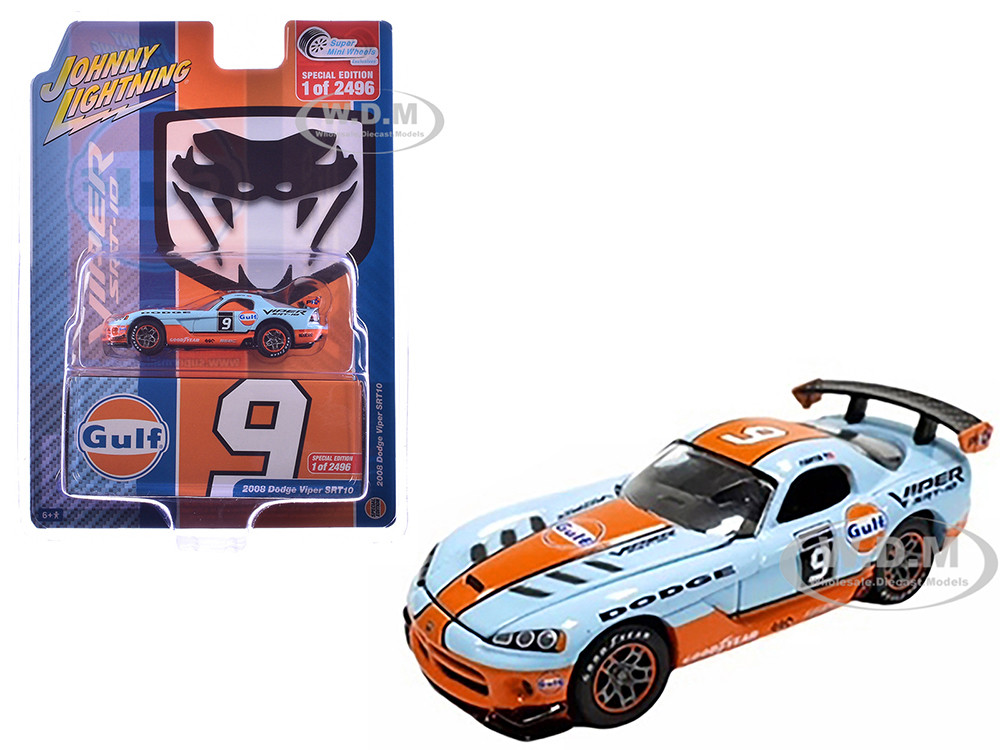 2008 Dodge Viper SRT10 #9 "Gulf Oil" Light Blue and Orange Limited Edition to 2496 pieces Worldwide 1/64 Diecast Model Car by Johnny Lightning diecast model