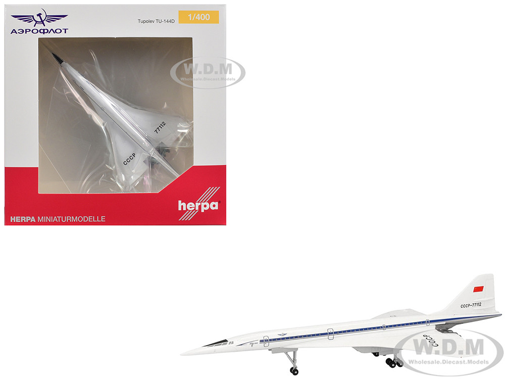 Tupolev Tu-144D Commercial Aircraft "Aeroflt - Technik Museum Sinsheim" (CCCP-77112) White with Blue Stripes 1/400 Diecast Model Airplane by Herpa diecast model