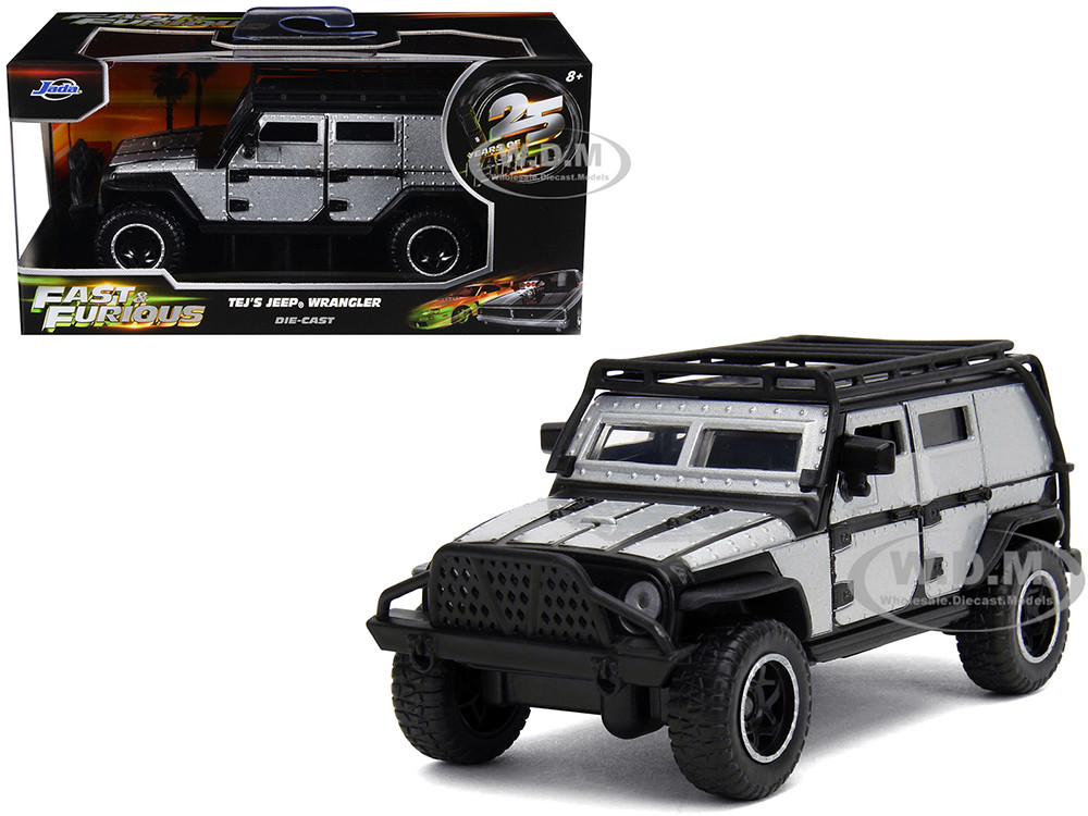 Tej's Jeep Wrangler Custom Silver Metallic with Black Top and Roof Rack "Furious 7" (2015) Movie "25 Years of Fast & Furious" Series 1/32 Diecast Model Car by Jada diecast model
