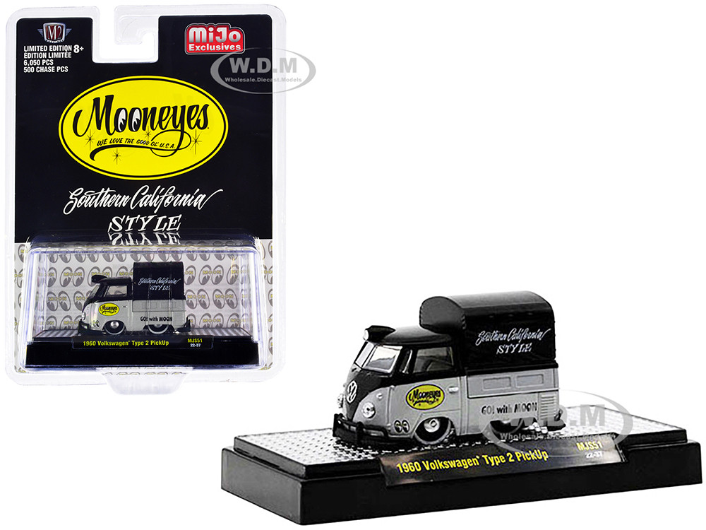 1960 Volkswagen Type 2 Pickup Truck with Canvas Cover "Mooneyes Southern California Style" Black and Gray Limited Edition to 6050 pieces Worldwide 1/64 Diecast Model Car by M2 Machines diecast model