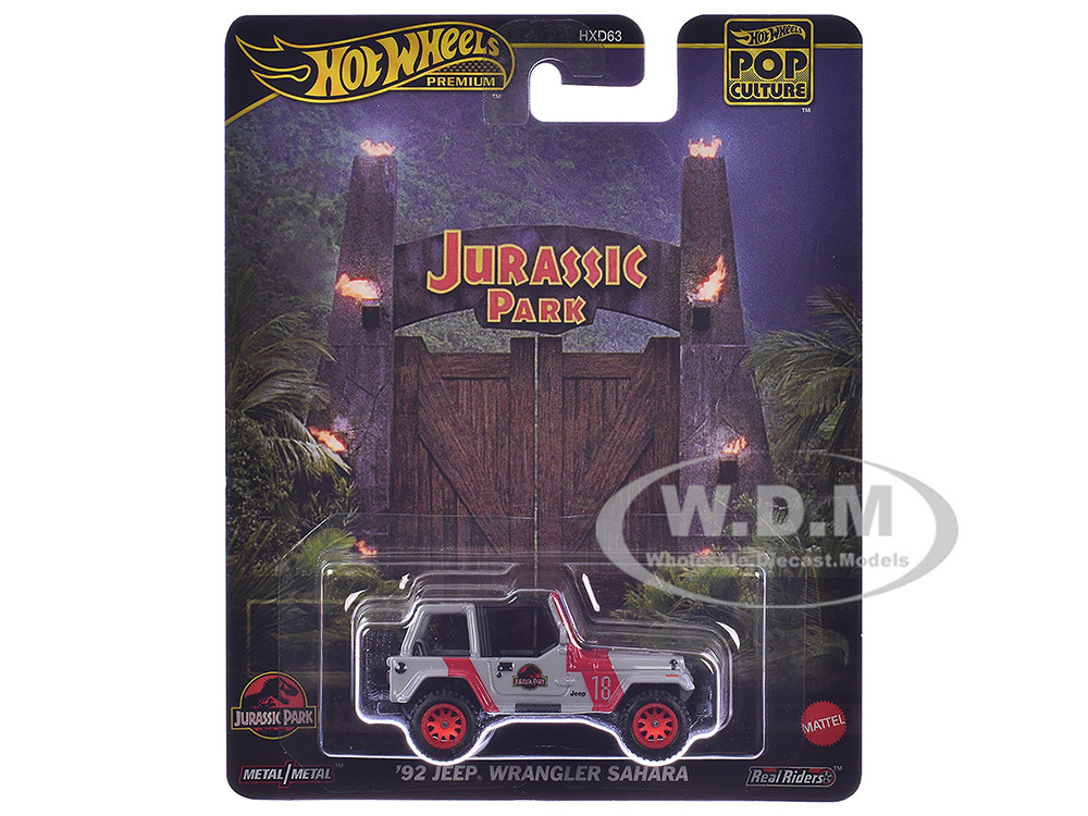 1992 Jeep Wrangler Sahara Gray with Red Stripes "Jurassic Park" (1993) Movie "Pop Culture" Series Diecast Model Car by Hot Wheels diecast model