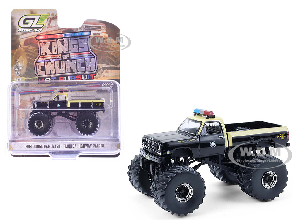 1983 Dodge Ram W350 Monster Truck "Florida Highway Patrol" Black with Cream Top and Stripes "Kings of Crunch - Hot Pursuit" Special Edition 1/64 Diecast Model Car by Greenlight diecast model