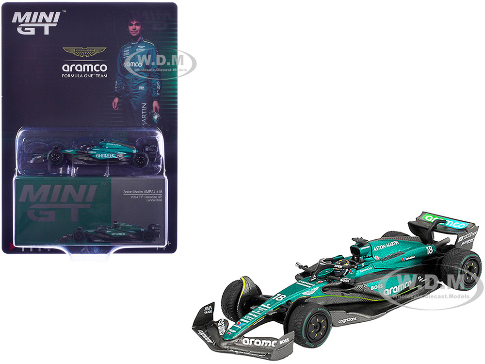 Aston Martin AMR24 #18 Lance Stroll Formula One F1 "Canadian GP" (2024) Limited Edition 1/64 Diecast Model Car by Mini GT diecast model