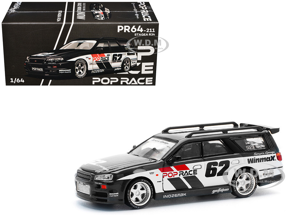 GT-R Stagea RHD (Right Hand Drive) #62 "Simon's Garage" Black with White Sides 1/64 Diecast Model Car by Pop Race diecast model