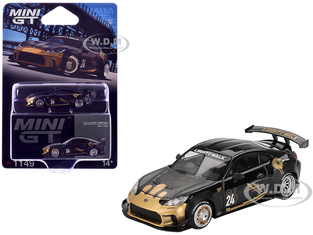 Toyota GR86 "LB-Nation - Liberty Walk" #24 Black with Carbon Hood and Gold Graphics Limited Edition 1/64 Diecast Model Car by Mini GT diecast model