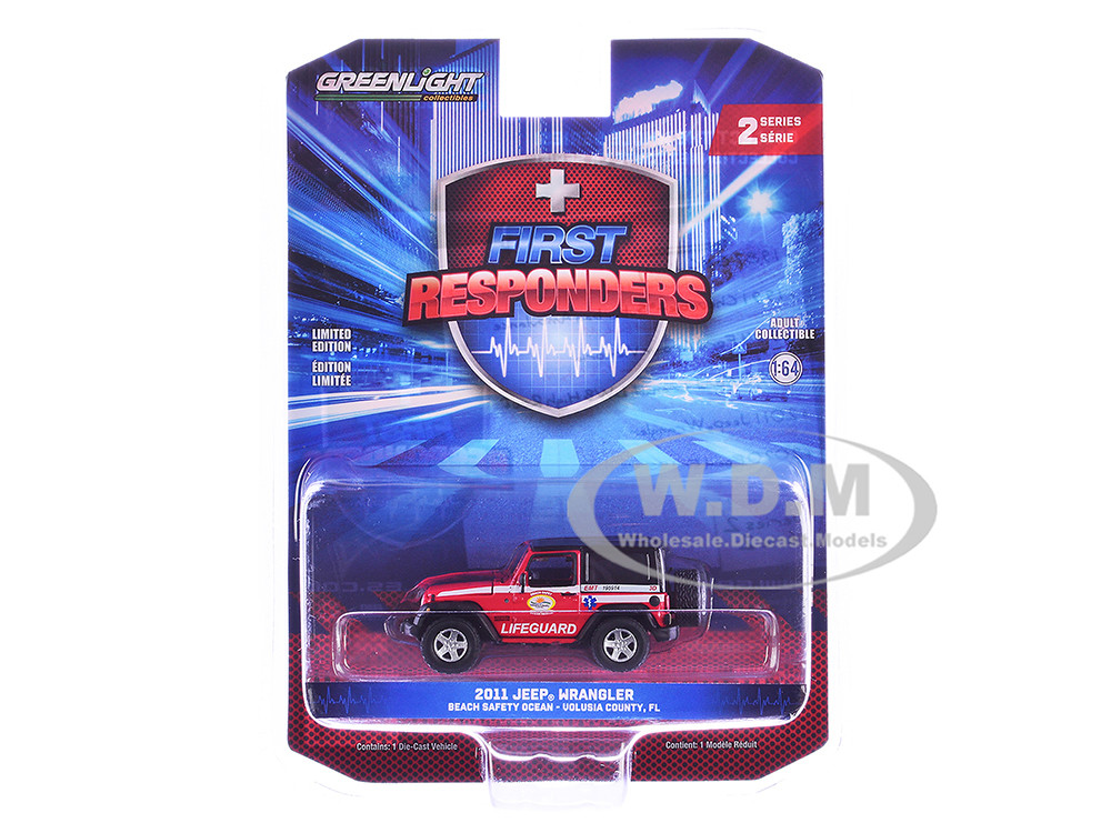 2011 Jeep Wrangler "Volusia County Florida Beach Safety Ocean Rescue Lifeguard/EMT" Red with White Stripes "First Responders" Series 2 1/64 Diecast Model Car by Greenlight diecast model