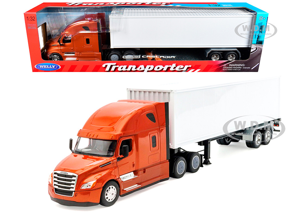 Freightliner Cascadia Truck Bronze Metallic with White Container "Transporter" Series 1/32 Diecast Model by Welly diecast model