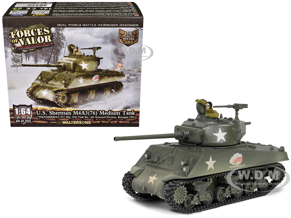 U.S. Sherman M4A3(76) Medium Tank "THUNDERBOLT IV, 37th Tank Battalion, 4th Armored Division, Bastogne" (1944) United States Army "Mini AFV" Series 1/64 Diecast Model by Forces of Valor diecast model