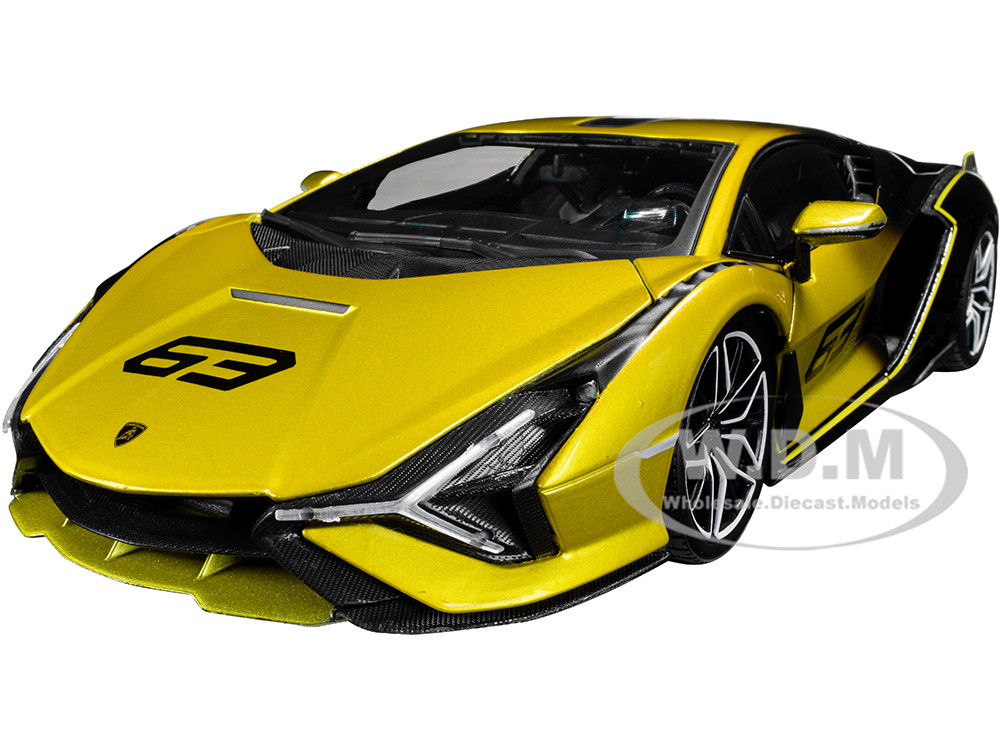 Lamborghini Sian FKP 37 #63 Yellow Metallic and Black 1/18 Diecast Model Car by Bburago diecast model