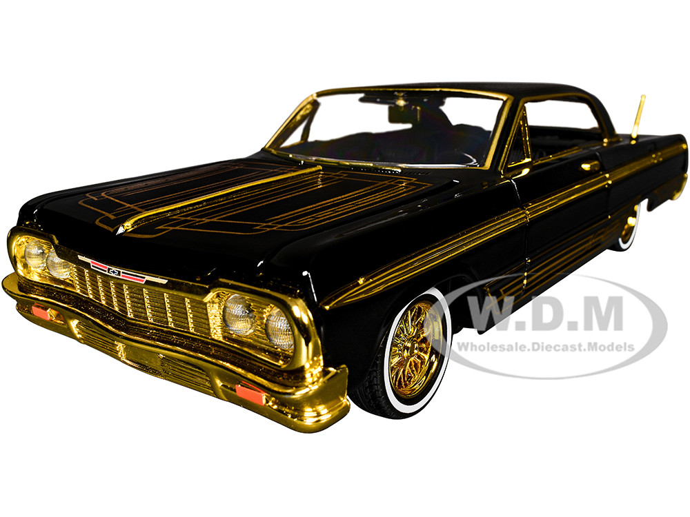 1964 Chevrolet Impala Lowrider Black with Gold Graphics and Wheels "Midnight Eclipse" Series 1/24 Diecast Model Car by Motormax diecast model