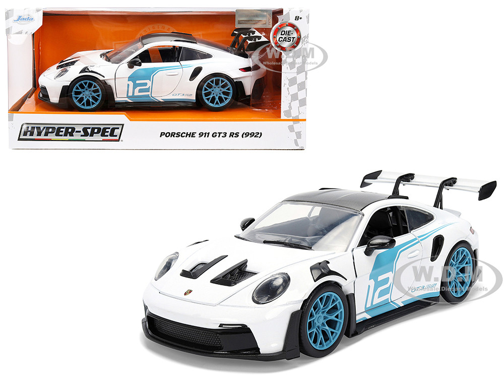 Porsche 911 GT3 RS (992) #12 White with Blue Stripes and Carbon Top "Hyper-Spec" Series 1/24 Diecast Model Car by Jada diecast model
