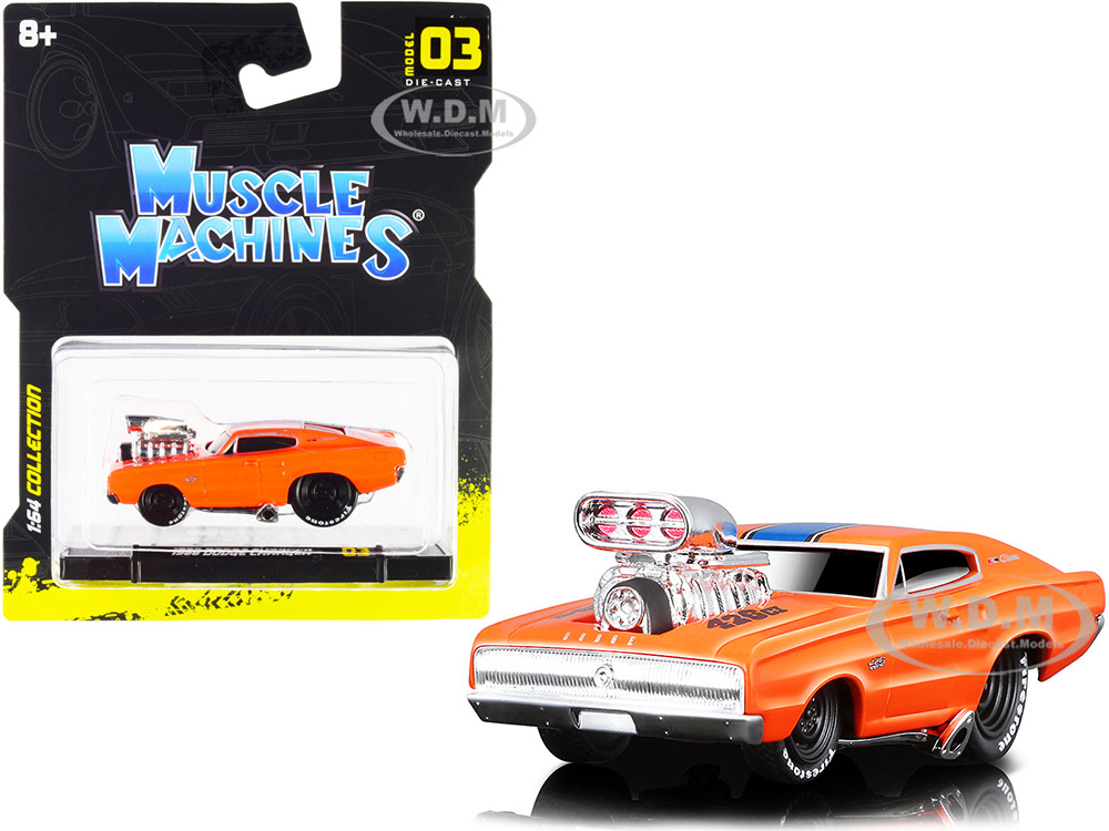 1966 Dodge Charger 426 C.I. Orange with Blue Stripe 1/64 Diecast Model Car by Muscle Machines diecast model