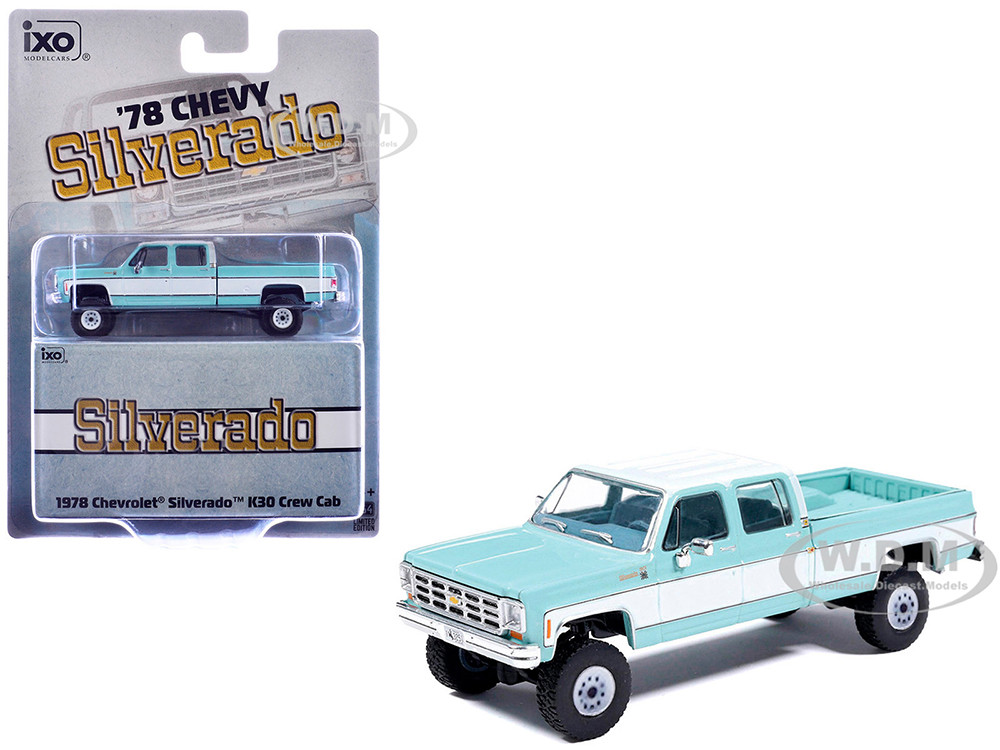1978 Chevrolet Silverado K30 Crew Cab Pickup Truck Light Blue and White with Blue Interior 1/64 Diecast Model Car by IXO Models diecast model