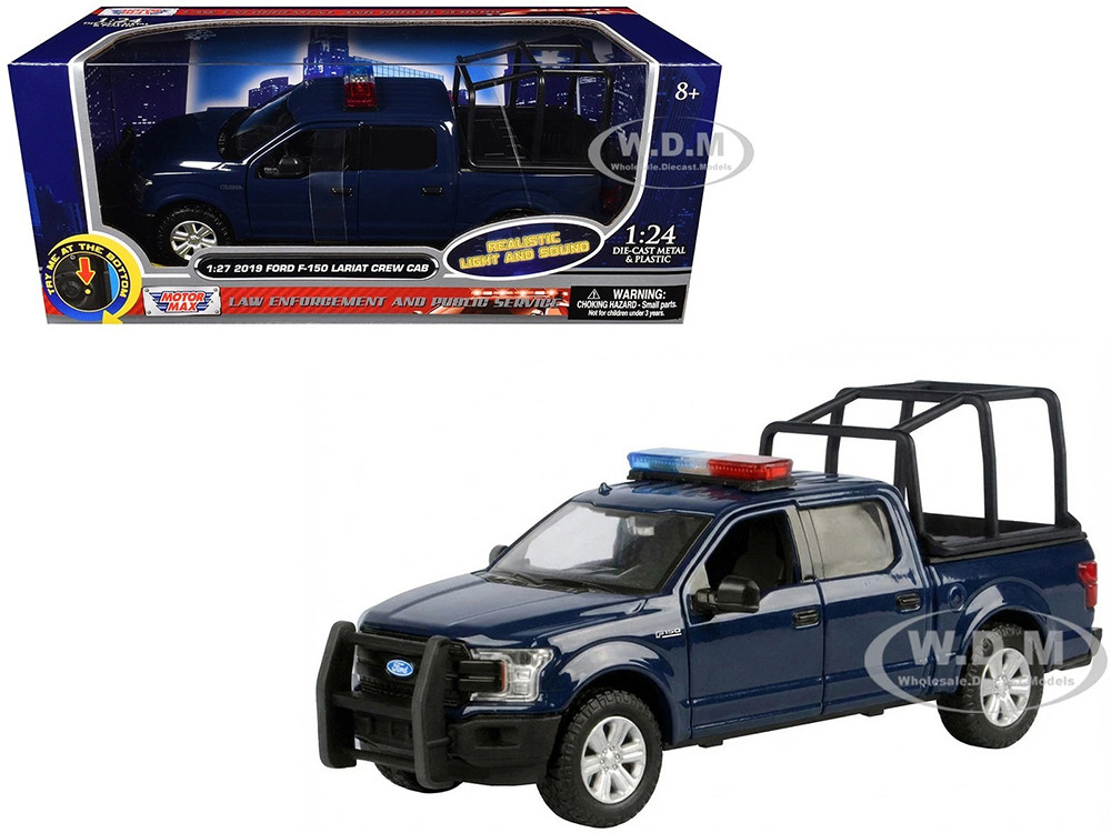 2019 Ford F-150 Lariat Crew Cab Pickup Truck with Bed Cage Dark Blue with Flashing Light Bar and Front and Rear Lights and Sounds 1/27 Diecast Model Car by Motormax diecast model