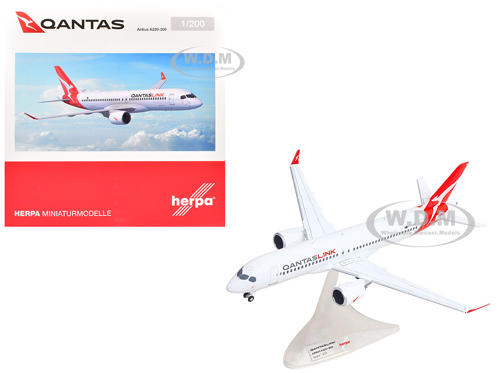 Airbus A220-300 Commercial Aircraft "QantasLink" (VH-X4B) White with Red Tail 1/200 Diecast Model Airplane by Herpa diecast model