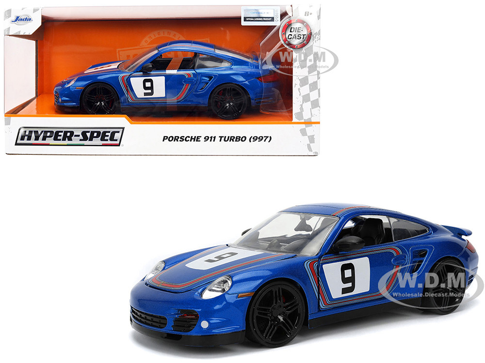 Porsche 911 Turbo (997) #9 Blue Metallic with Stripes "Hyper-Spec" Series 1/24 Diecast Model Car by Jada diecast model