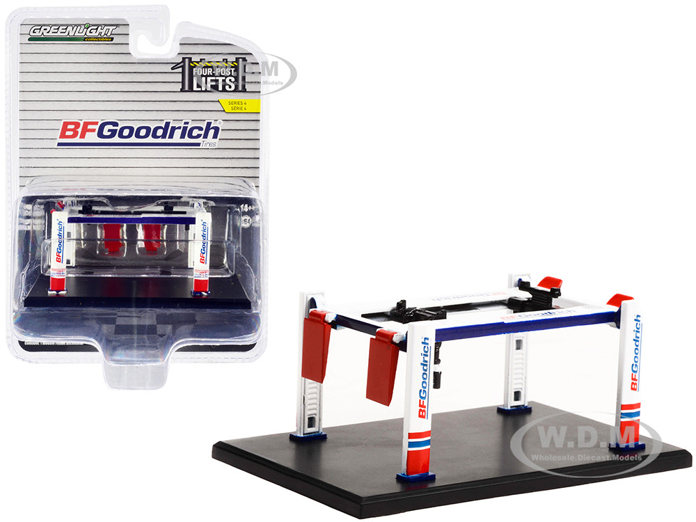 Adjustable Four-Post Lift "BFGoodrich" White and Red "Four-Post Lifts" "Four-Post Lifts" Series 4 1/64 Diecast Model by Greenlight diecast model