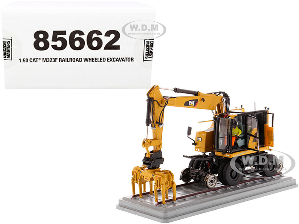 CAT Caterpillar M323F Railroad Wheeled Excavator with Operator and 3 Work Tools (CAT Yellow Version) "High Line Series" 1/50 Diecast Model by Diecast Masters diecast model