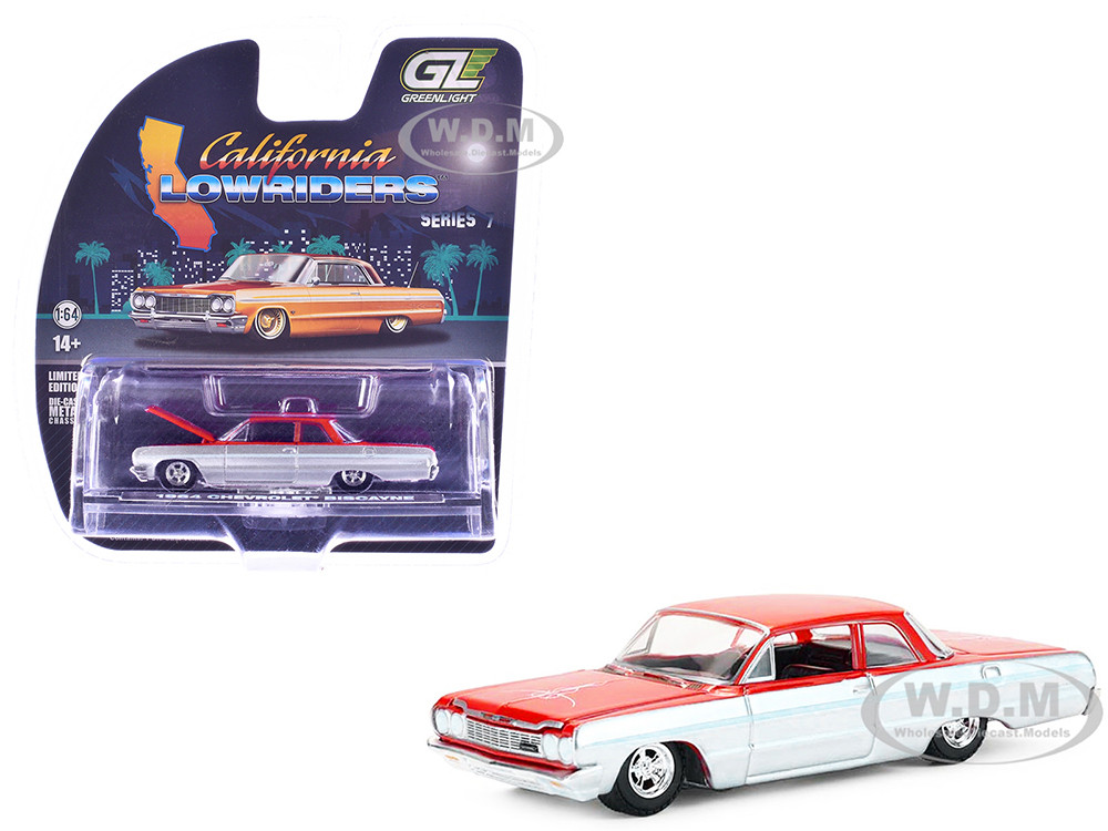 1964 Chevrolet Biscayne Lowrider Silver Metallic and Red Two-Tone "California Lowriders" Series 7 1/64 Diecast Model Car by Greenlight diecast model