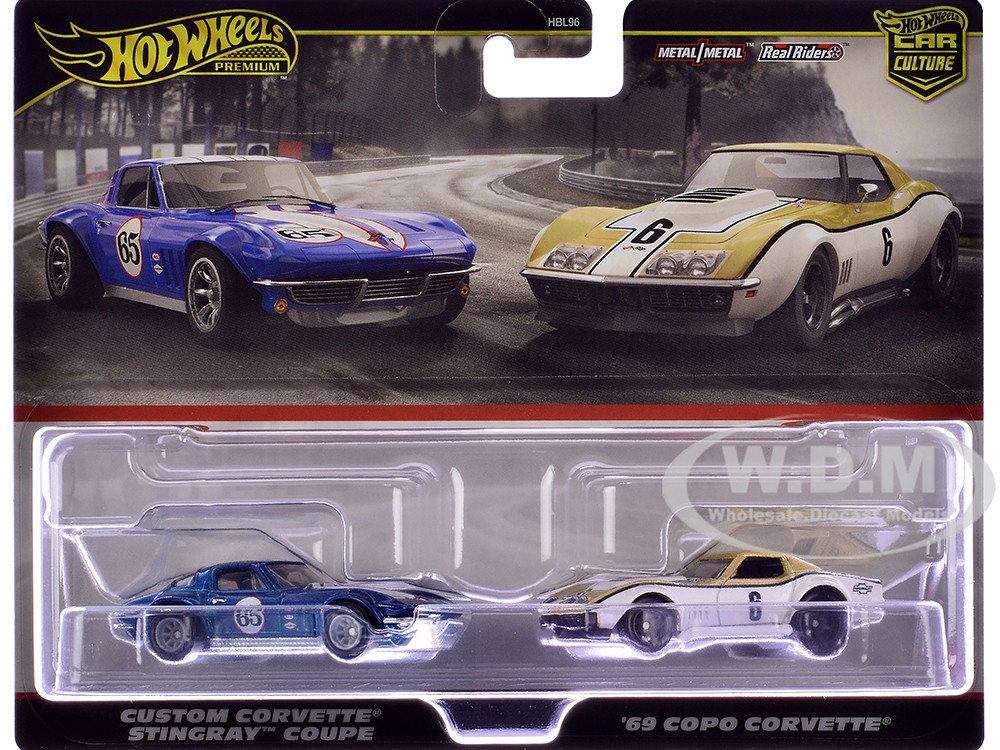 Chevrolet Custom Corvette Stingray Coupe #65 Blue Metallic with White Stripes and 1969 Chevrolet COPO Corvette #6 Gold Metallic and White "Car Culture" Set of 2 Cars Diecast Model Cars by Hot Wheels diecast model