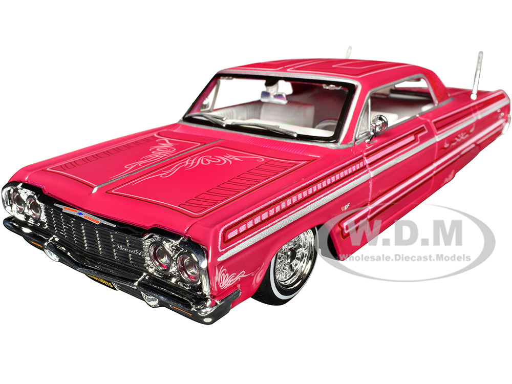 1964 Chevrolet Impala SS Lowrider Pink with Graphics and White Interior "Lowriders" "Maisto Design" Series 1/26 Diecast Model Car by Maisto diecast model
