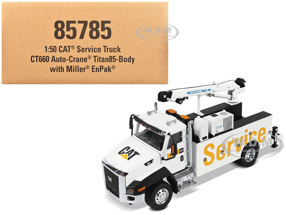 CAT Caterpillar CT660 Auto-Crane Titan 85 Truck with Miller EnPak White "Transport Series" 1/50 Diecast Model by Diecast Masters diecast model