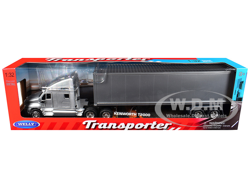 Kenworth T2000 Truck Silver Metallic with Gray Container "Transporter" Series 1/32 Diecast Model by Welly diecast model