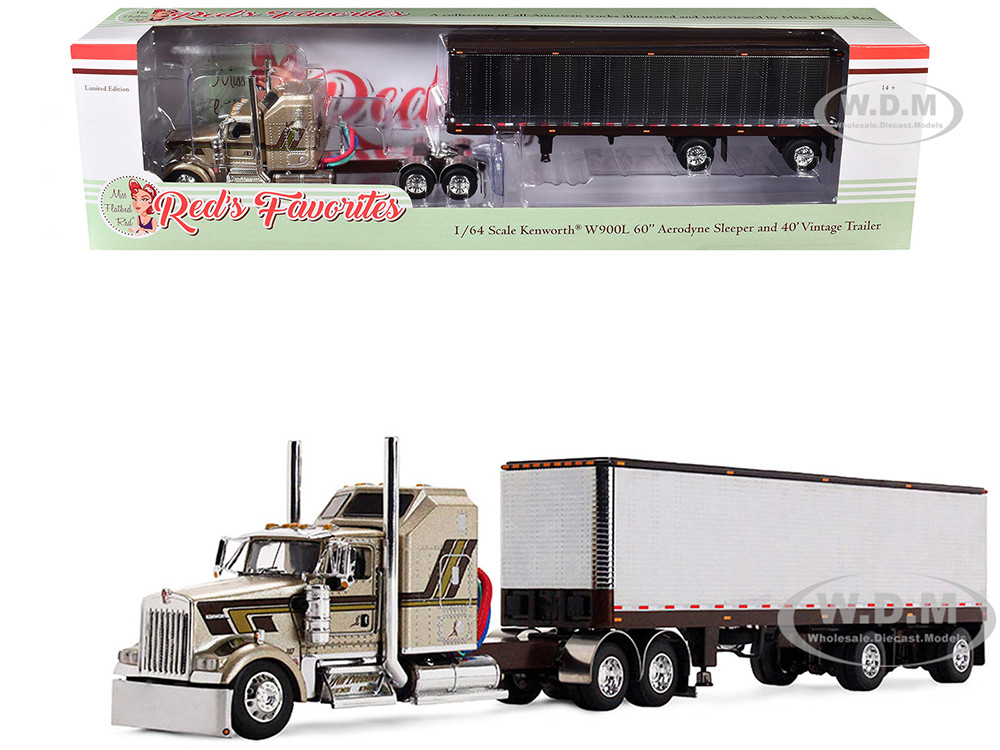 Kenworth W900L with 60" Aerodyne Sleeper and 40' Vintage Trailer "Red's Favorites - Jason Sanders" Beige with Stripes 1/64 Diecast Model by DCP/First Gear diecast model